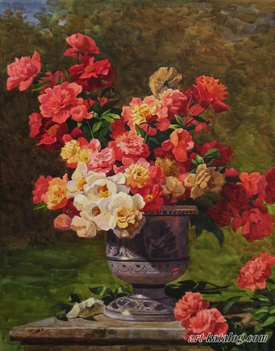 Vase with peonys in a garden, Marie E. Lewis