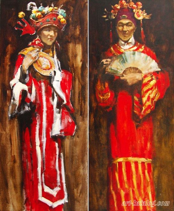 Chinese bride and groom. Diptych