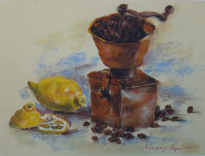Still life with a coffee grinder and lemon