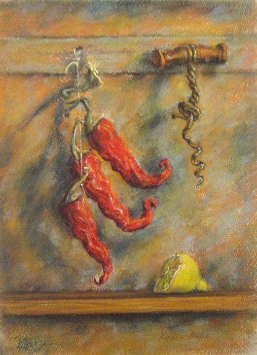 Still life with red pepper and corkscrew