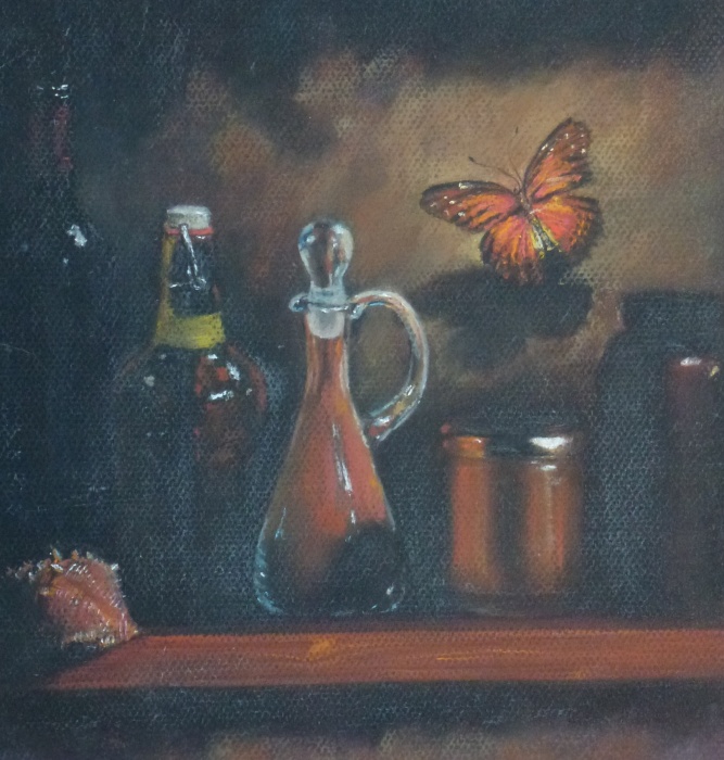 Still life with a butterfly and a shell